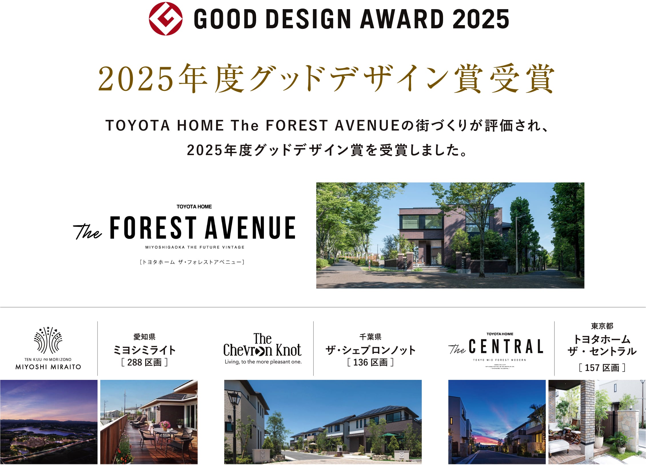 トヨタホームの街づくり TOYOTA HOME The FOREST AVENUEの街づくりが評価され、2025年度グッドデザイン賞を受賞しました。