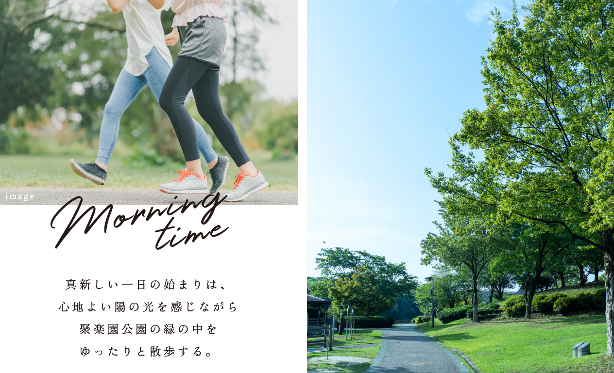 Morning time　真新しい一日の始まりは、心地よい陽の光を感じながら聚楽園公園の緑の中をゆったりと散歩する。