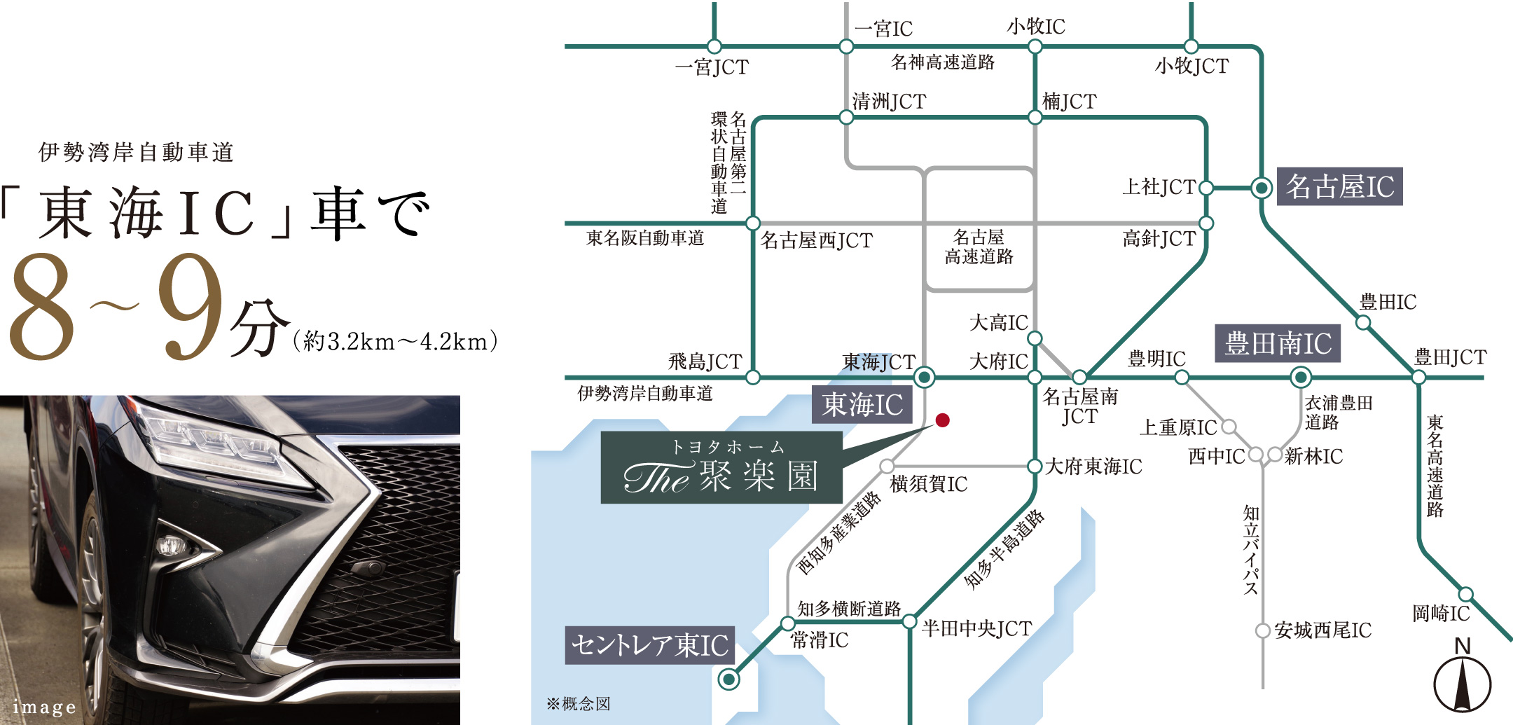 伊勢湾岸自動車道「東海IC」車で8〜9分（約3.2km〜4.2km）